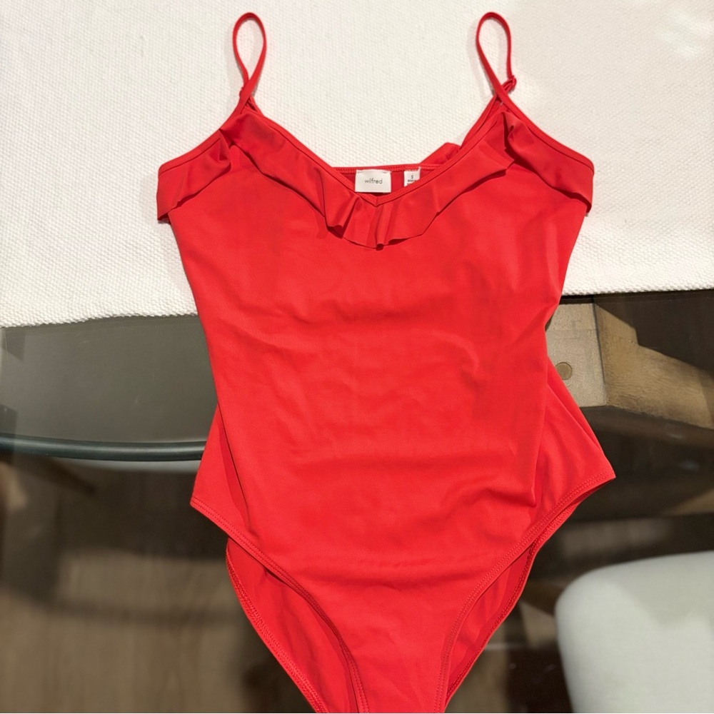 Aritzia- Wilfred Red Ruffle-Trim One-Piece Bodysuit